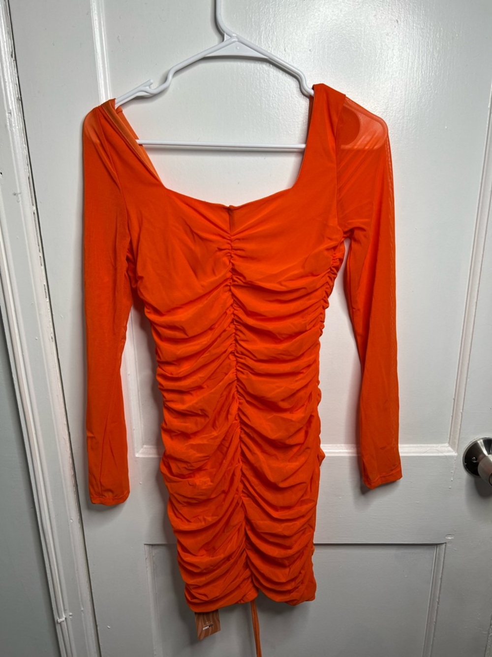 Orange Ruched Long-Sleeve Bodycon Dress